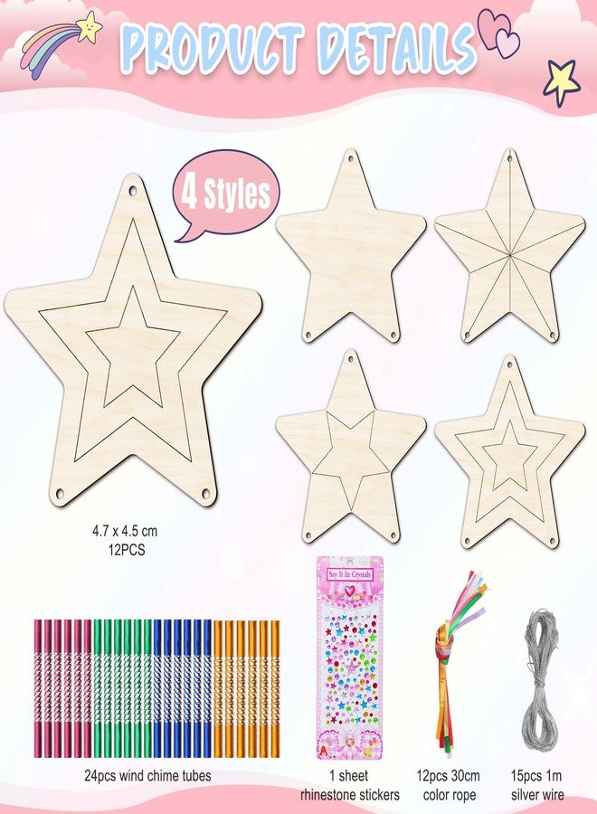 TREACLUB 12 Pack Star Wind Chime Kits for Kids, Make Your Own Star Wind Chime Wooden Craft for Girls Boys DIY Coloring Wood Art and Craft for Birthday Gift Party Decoration - Image 2